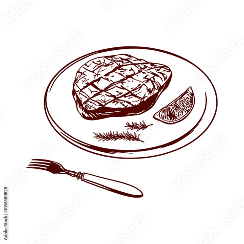 Meat steak on a plate with lemon and rosemary, fork. Autumn food set. Vector illustration in graphic style. For restaurant menus, cafes, banners, posters, Thanksgiving.