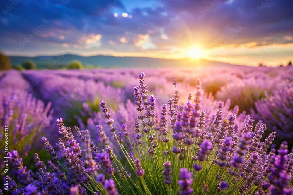 Fototapeta premium Lavender field on a sunny day with blurred background, countryside, lavender, rural