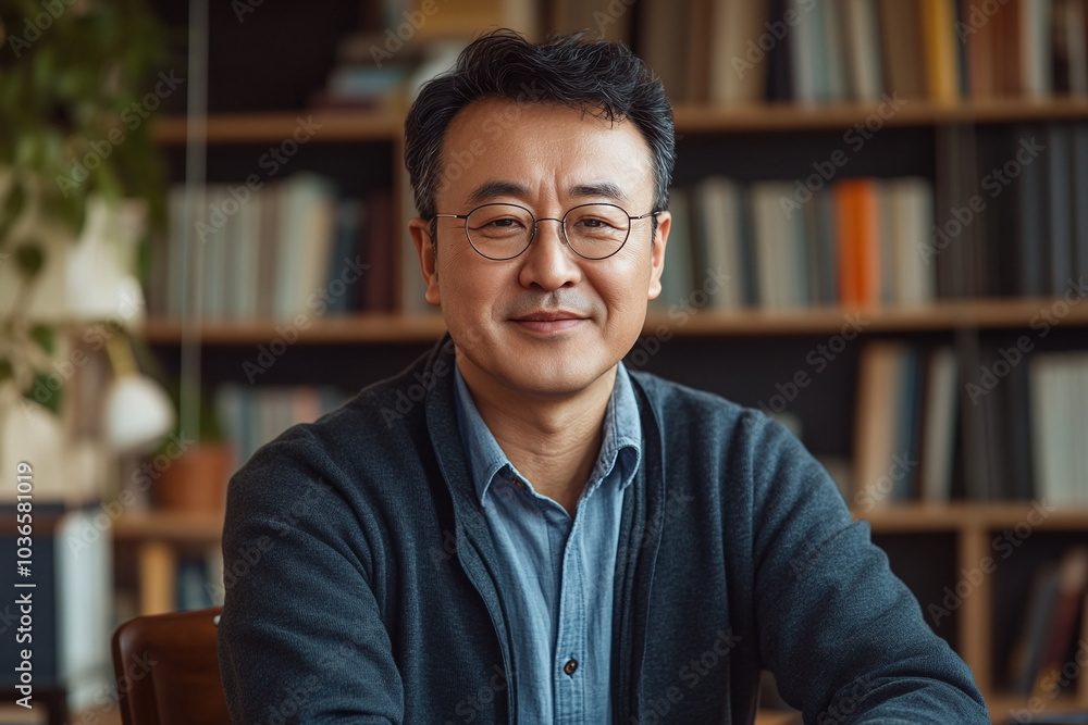 Obraz premium The photo of an Asian man in his late 40s working as a university professor