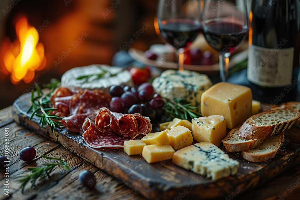 Glass of red wine on a table with blurred fireplace in the background and charcuterie board with different cheese at a cozy evening. Close up Glass of red wine on a table with blurred fireplace in the background and charcuterie board with different cheese at a cozy evening. Close up