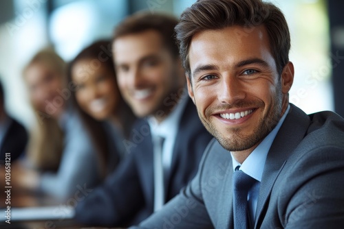 Obraz na płótnie Happy businessman sitting in a meeting with his colleagues, Generative AI w salonie