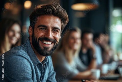 Obraz na płótnie Happy businessman sitting in a meeting with his colleagues, Generative AI w salonie