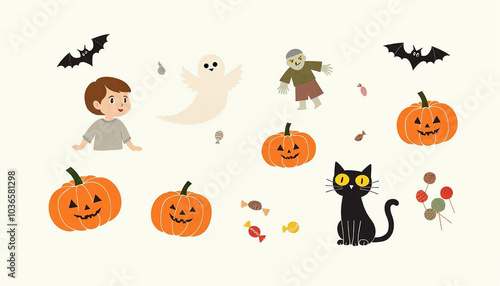 A hand drawn collection of Halloween graphic elements including carved pumpkins with different expressions, playful ghosts floating, a zombie with tattered clothes, an owl with large yellow eyes, a sl