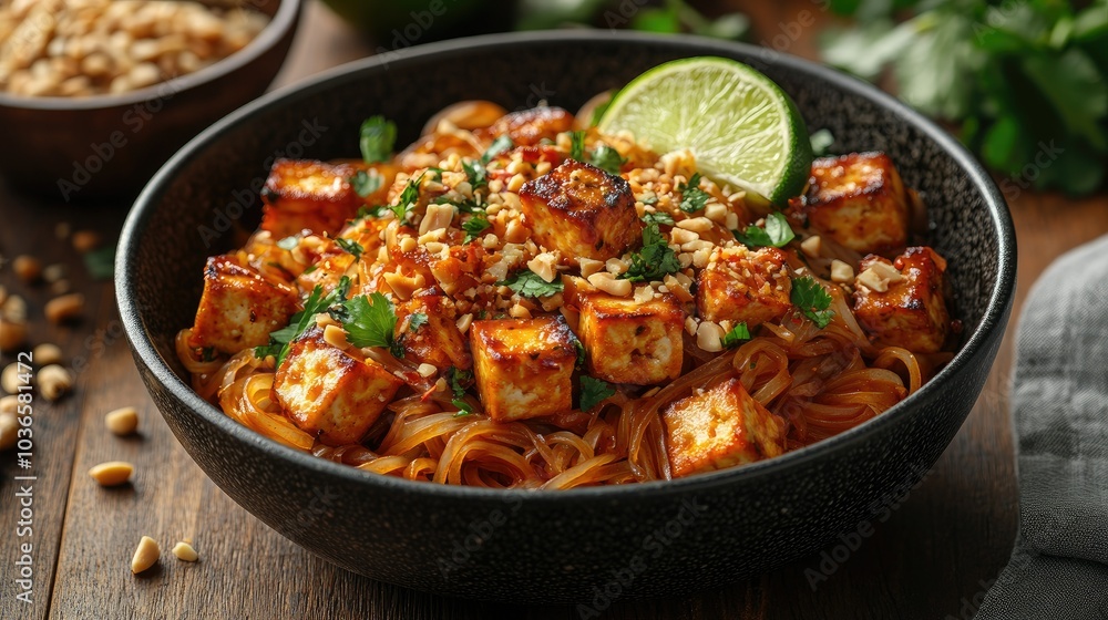 Vegetarian pad Thai with tofu, rice noodles, bean sprouts, and crushed peanuts, garnished with a lime wedge and cilantro Vegetarian pad Thai with tofu, rice noodles, bean sprouts, and crushed peanuts, garnished with a lime wedge and cilantro