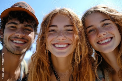 Obraz na płótnie Low angle view of three friends smiling cheerfully, Generative AI w salonie