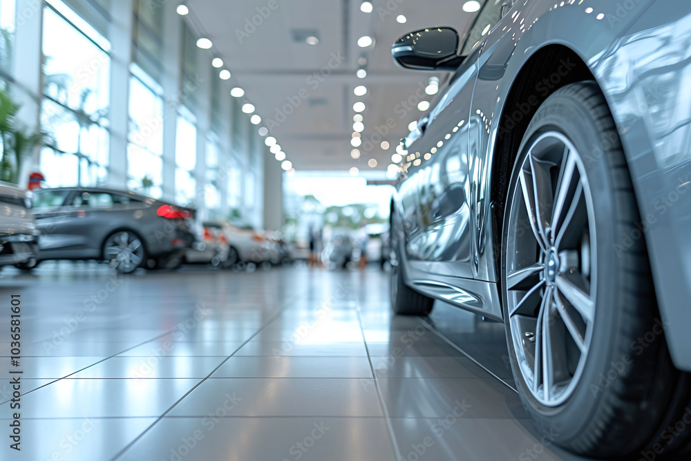 Luxury car parked in modern showroom. Auto leasing business. Car dealership concept. Closeup wheel of red shiny car show in showroom. Automotive industry. Luxury car parked in modern showroom. Auto leasing business. Car dealership concept. Closeup wheel of red shiny car show in showroom. Automotive industry.
