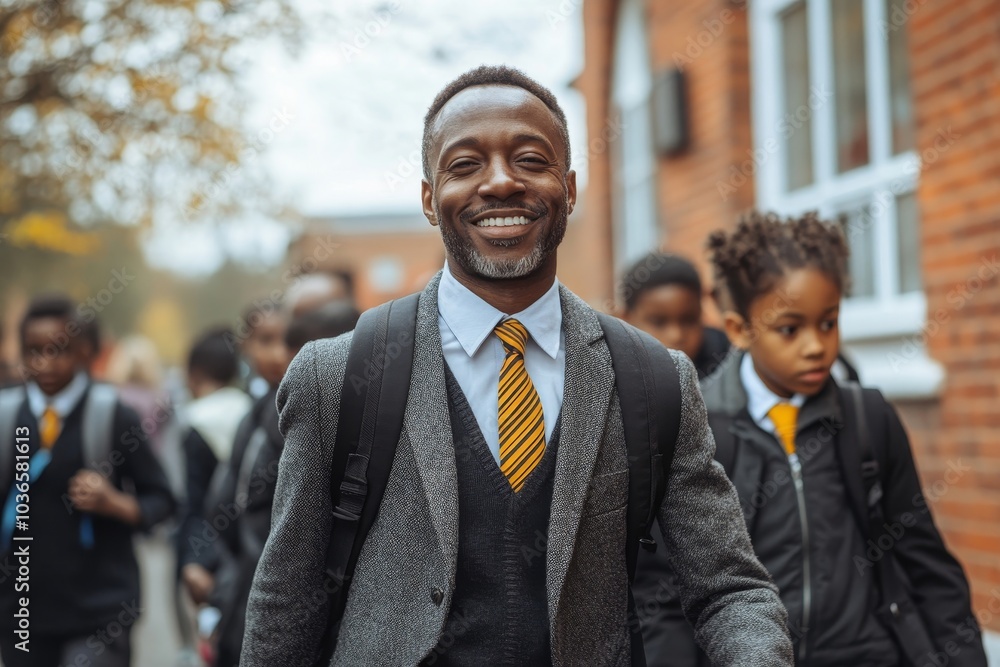 Male school teacher walking outside class with his students, Generative AI