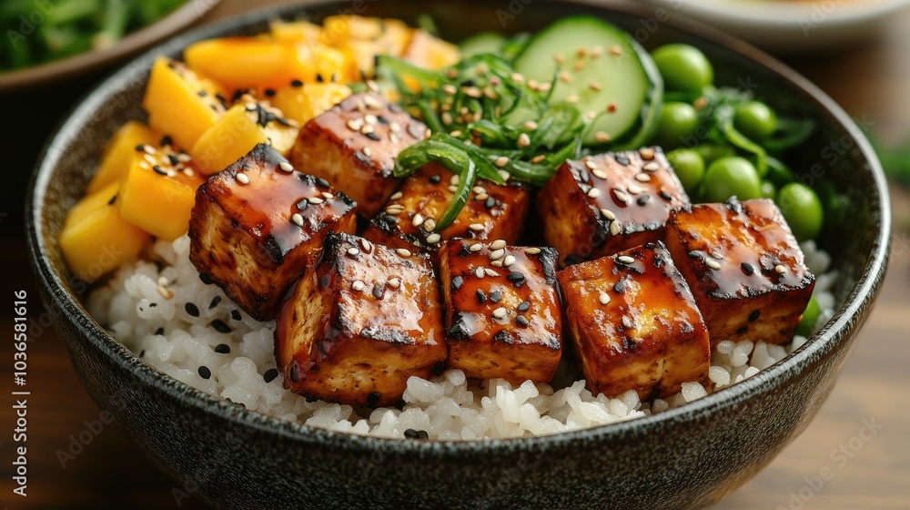 Vegetarian poke bowl with marinated tofu, edamame, cucumber, and mango, served over a bed of sushi rice with sesame seeds Vegetarian poke bowl with marinated tofu, edamame, cucumber, and mango, served over a bed of sushi rice with sesame seeds