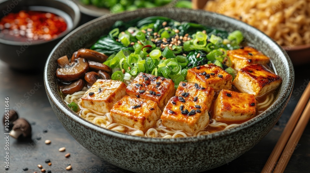 Vegetarian ramen bowl with tofu, bok choy, mushrooms, and green onions, served with chopsticks and a side of soy sauce Vegetarian ramen bowl with tofu, bok choy, mushrooms, and green onions, served with chopsticks and a side of soy sauce