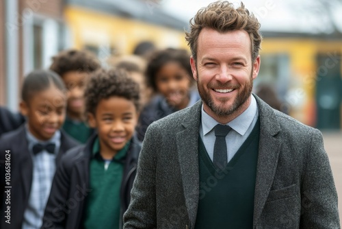 Obraz na płótnie Male school teacher walking outside class with his students, Generative AI w salonie