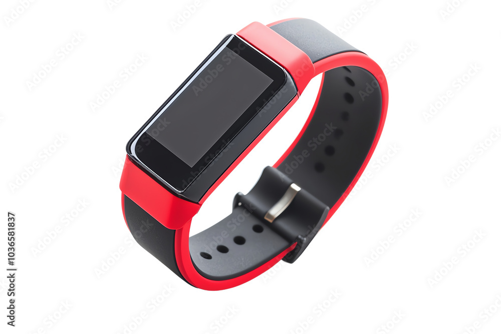Fototapeta premium Red and black fitness tracker with a sleek design on white isolated background. transparent background