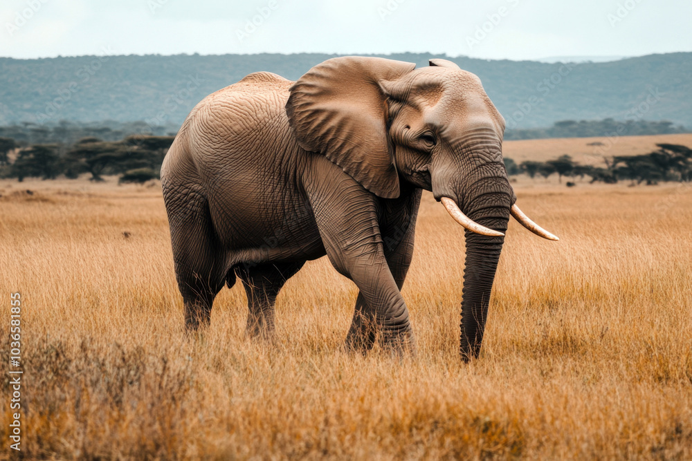 Fototapeta premium An African elephant walking gracefully across the golden savannah at midday