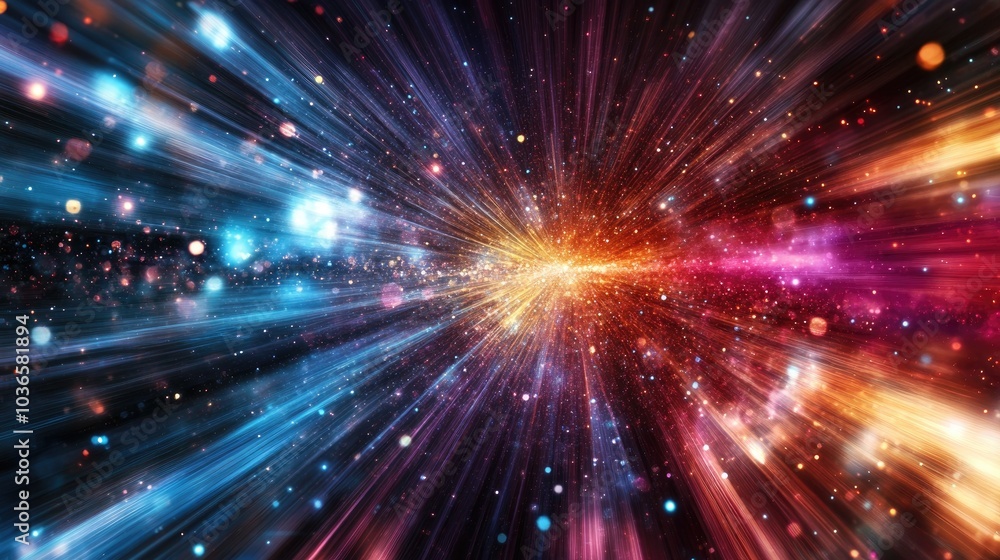 Abstract design showcasing particle trails and light elements in a three dimensional space emphasizing themes of modern technology and scientific exploration Abstract design showcasing particle trails and light elements in a three dimensional space emphasizing themes of modern technology and scientific exploration