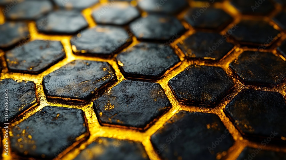 A close up of a black and gold hexagonal pattern A close up of a black and gold hexagonal pattern