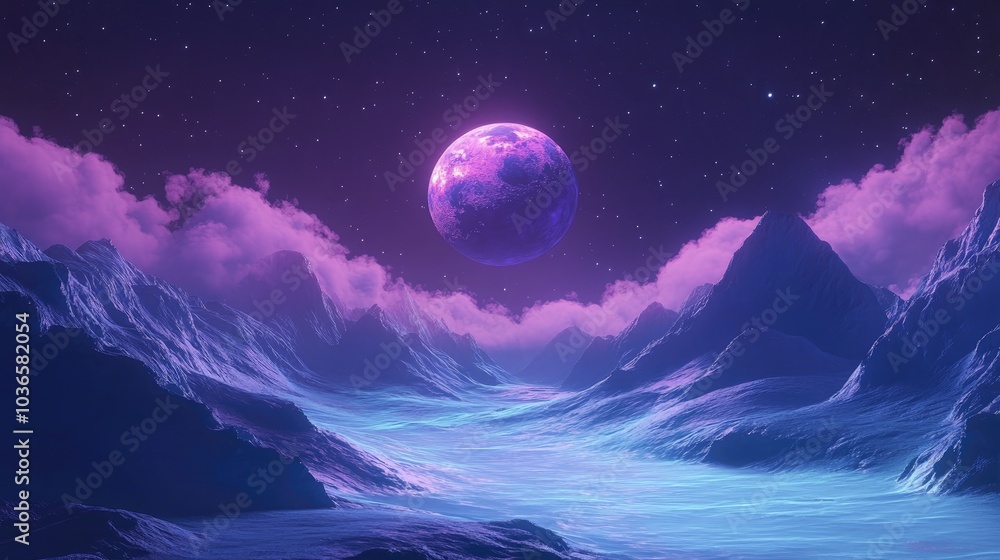 Cosmic night landscape with a planet in a 3D cartoon rendering Cosmic night landscape with a planet in a 3D cartoon rendering