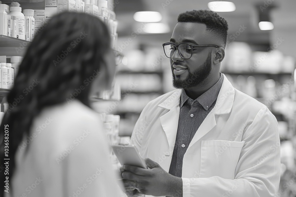 Helpful pharmacist dealing with a customer, Generative AI