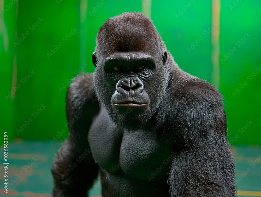 A gorilla standing in front of a green wall A gorilla standing in front of a green wall