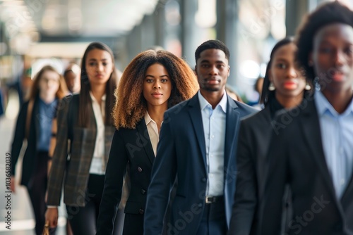 Diverse Group of Professionals Walking in Urban Setting, Showcasing Modern Business Attire and Confidence in a Vibrant City Environment