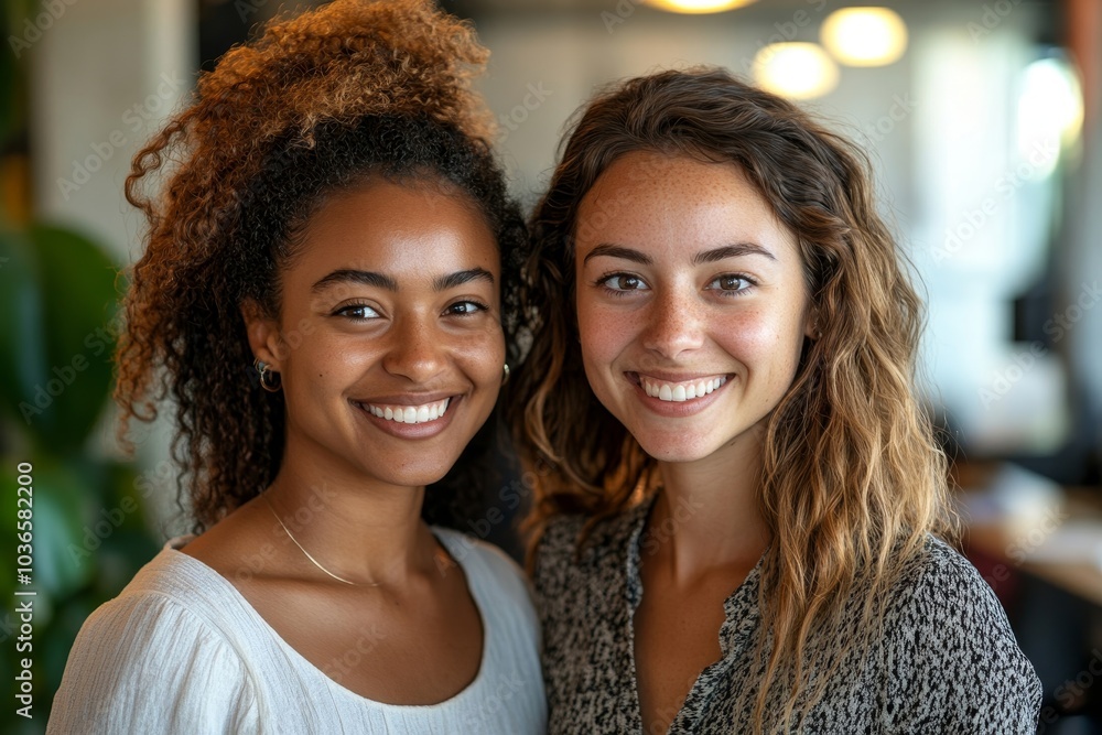 Multiethnic female entrepreneurs smiling at the camera in an office, Generative AI