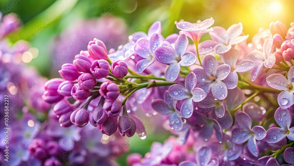 Lilac flowers in a garden with morning dew, blooming lilacs, spring season, lilac blossoms Lilac flowers in a garden with morning dew, blooming lilacs, spring season, lilac blossoms
