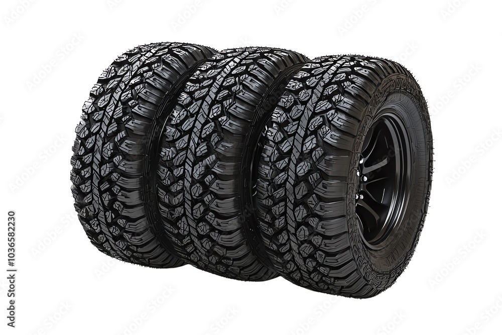 Three rugged off-road tires isolated on a white background. transparent background