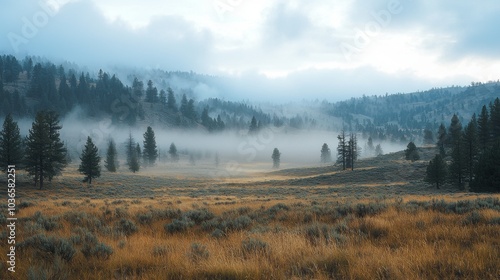 Capture the tranquility of nature with this captivating image of a mountain valley adorned with fog, evergreen trees, and golden grasslands.