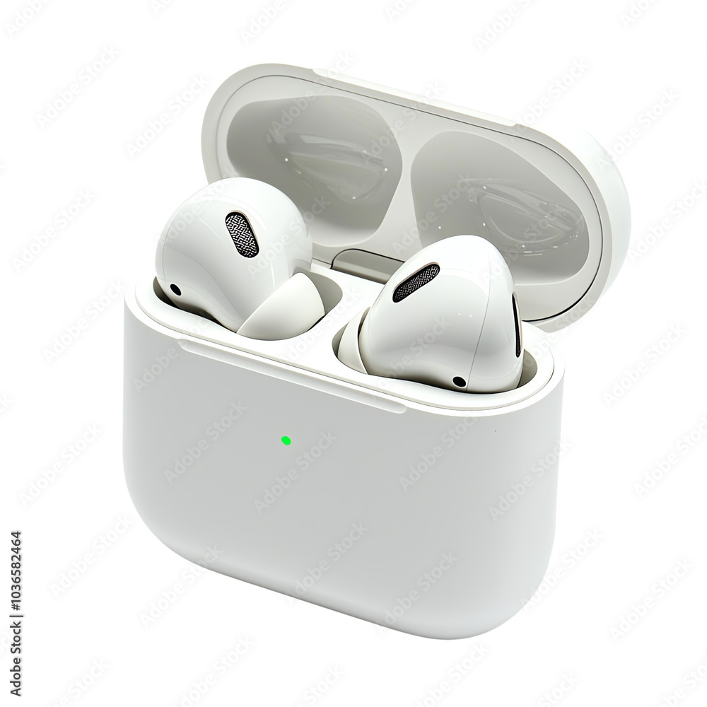 Wireless earbuds with charging case, modern design on white isolated background. transparent background Wireless earbuds with charging case, modern design on white isolated background. transparent background