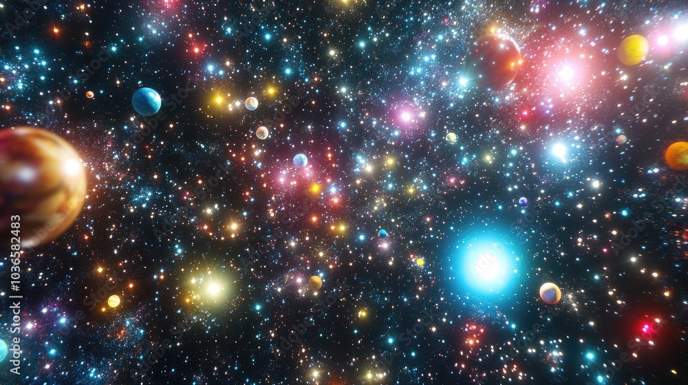 2D illustration depicted in a 3D cartoon rendering Background features a realistic star pattern in empty interstellar space Brightly flashing stars planets and moons create various science fiction 2D illustration depicted in a 3D cartoon rendering Background features a realistic star pattern in empty interstellar space Brightly flashing stars planets and moons create various science fiction