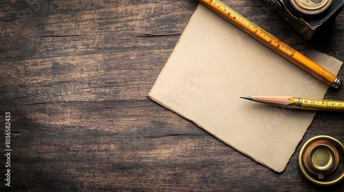 68. A nostalgic photo of a classic writing desk with a wooden pencil, an ink pad, and a brass ruler, taken with an old camera to create a timeless atmosphere photo