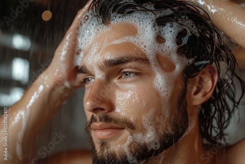 Obraz na płótnie Hair care routine in a studio: Man applying shampoo to his hair before a wash, Generative AI w salonie