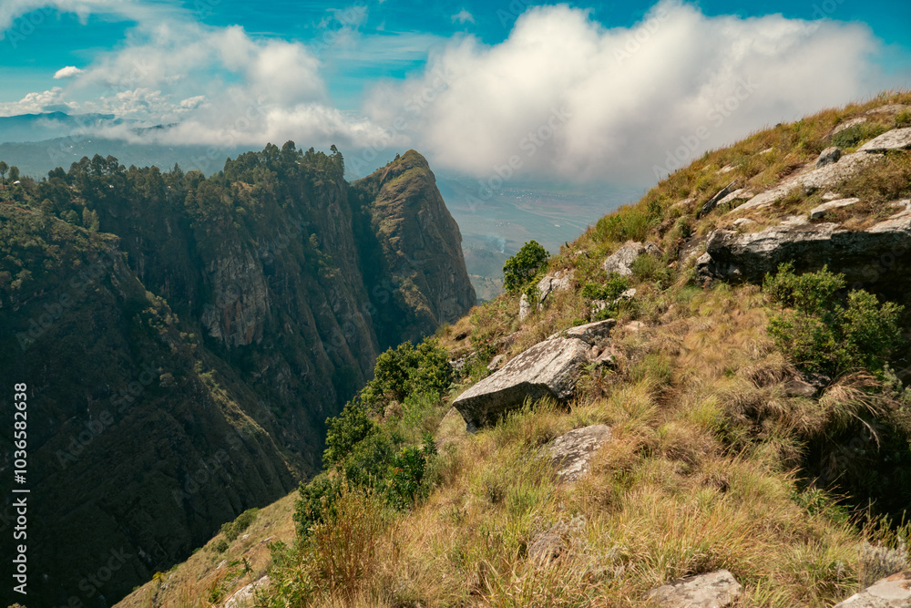 Naklejka premium Scenic view of a mountain landscapes at Kwa Mkeka Peak on the Usambara Mountains in Lushoto, Tanga Region, Tanzania