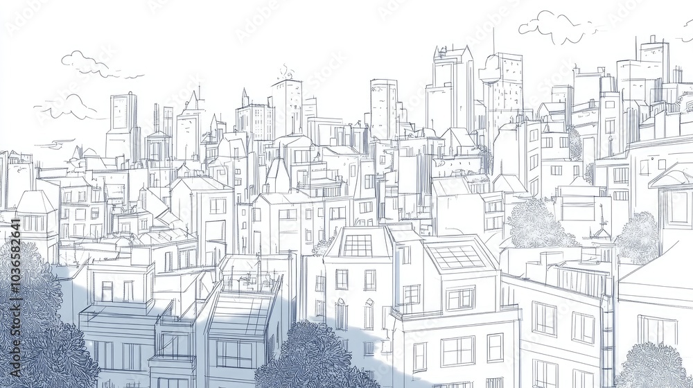 Line art illustration depicting a cityscape in a single continuous drawing on a white background Line art illustration depicting a cityscape in a single continuous drawing on a white background