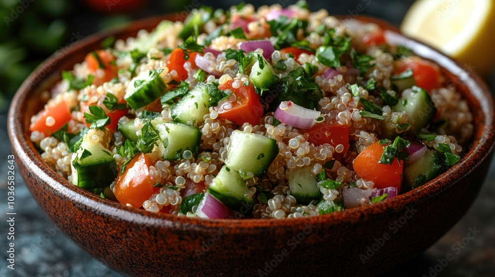 Zesty quinoa salad with chopped cucumbers, cherry tomatoes, red onion, parsley, and a lemon vinaigrette, served in a colorful bowl Zesty quinoa salad with chopped cucumbers, cherry tomatoes, red onion, parsley, and a lemon vinaigrette, served in a colorful bowl