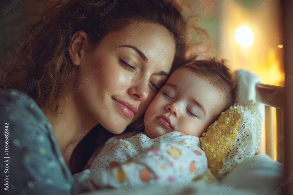 Young mother looking at her baby sleeping in a crib, Generative AI