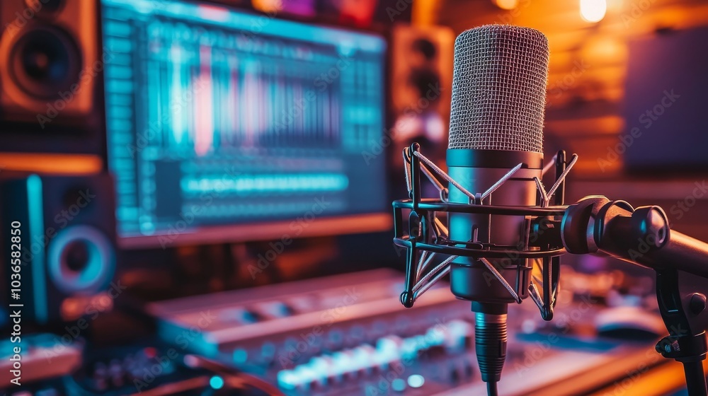 Microphone and pop shield placed on a table in a home studio, Generative AI