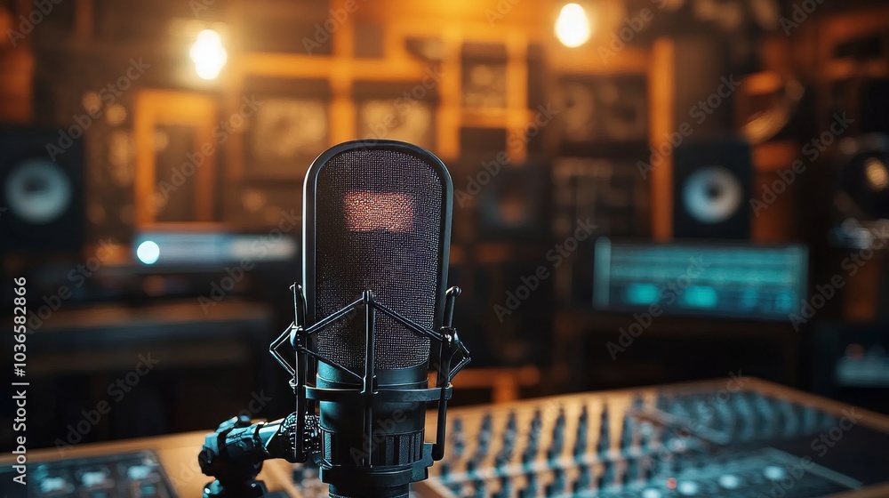 Microphone and pop shield placed on a table in a home studio, Generative AI