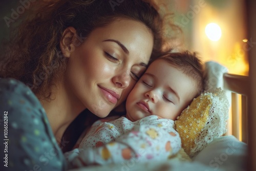 Obraz na płótnie Young mother looking at her baby sleeping in a crib, Generative AI w salonie