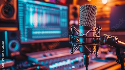 Obraz na płótnie Microphone and pop shield placed on a table in a home studio, Generative AI w salonie