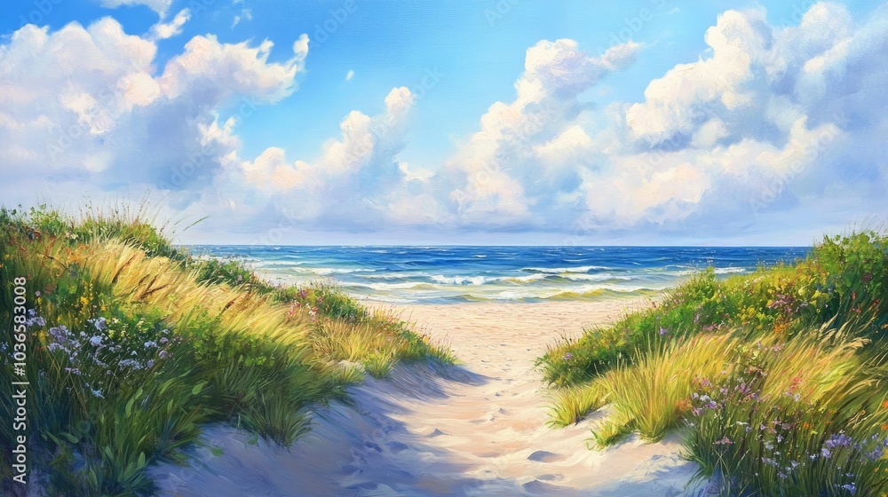 Oil painting depicting a panoramic view of coastal dunes beach and sea showcasing a breathtaking natural landscape