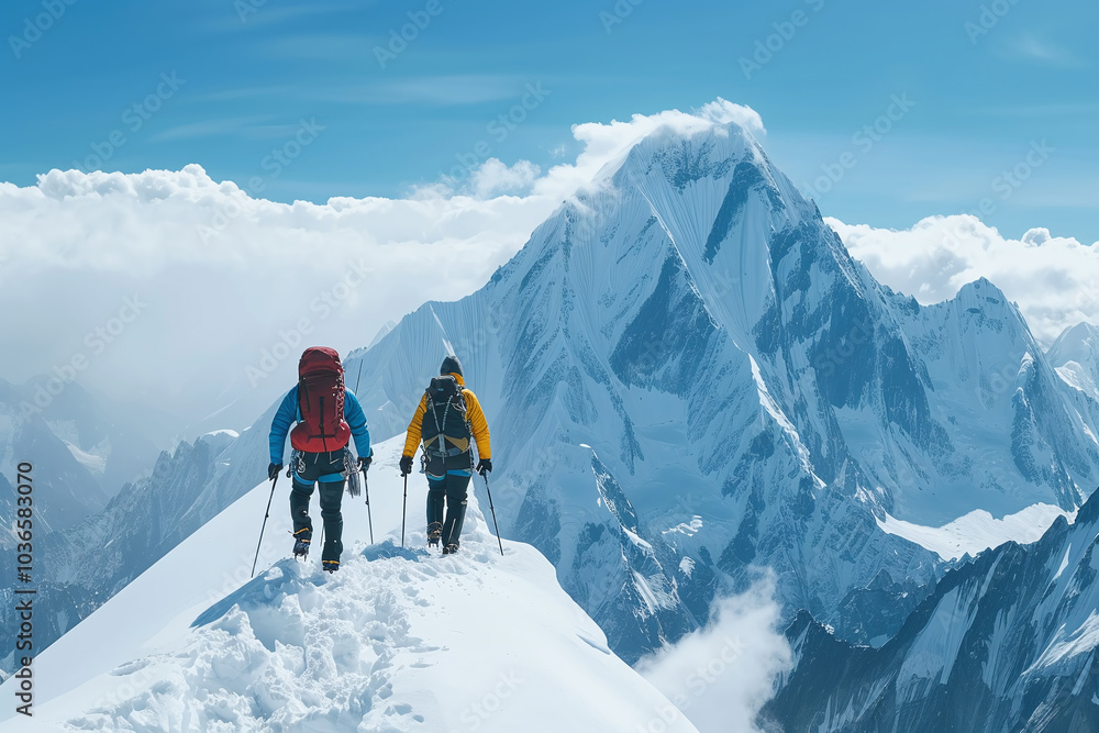 Rearview of a two hiking mountaineers with a backpack and winter clothing, exploring and hiking on top of a snowy mountain with a frozen landscape, extreme sports adventure, mountaineering Rearview of a two hiking mountaineers with a backpack and winter clothing, exploring and hiking on top of a snowy mountain with a frozen landscape, extreme sports adventure, mountaineering