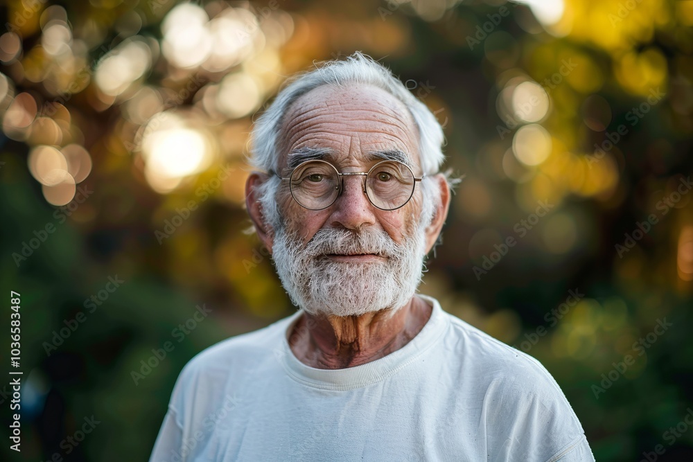 Elderly Man with Glasses in White Shirt Standing Outdoors with Blurred Nature Background in Soft Evening Light Elderly Man with Glasses in White Shirt Standing Outdoors with Blurred Nature Background in Soft Evening Light
