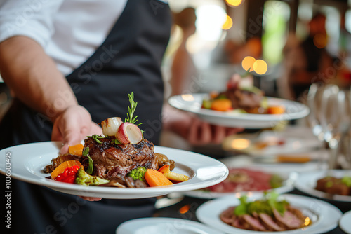 Waiter carrying plates with meat dish on some festive event, party or wedding reception. Staff of restaurant or café. Catering. Close up 