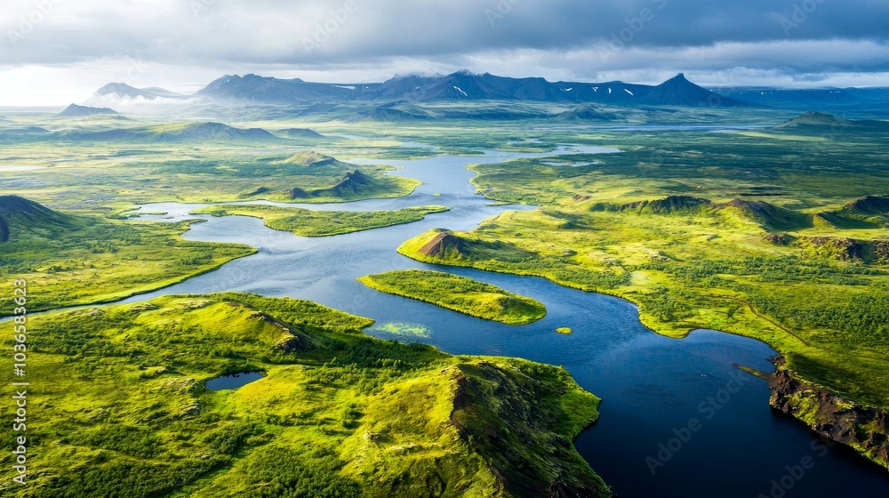 Aerial view of a winding river system flowing through a lush green valley with mountains in the background. Aerial view of a winding river system flowing through a lush green valley with mountains in the background.