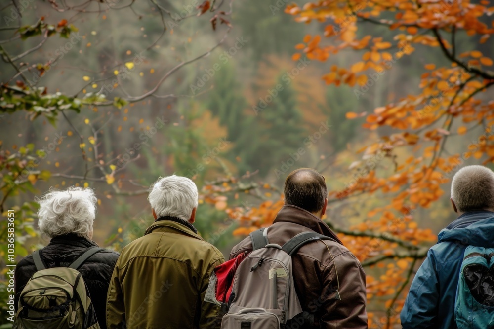 Back view of a group of senior people with backpacks walking in autumn forest Back view of a group of senior people with backpacks walking in autumn forest