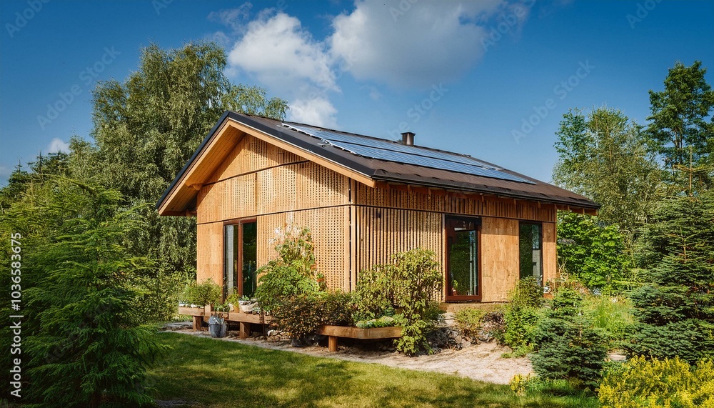 Sustainable eco-friendly house constructed with recycled materials, surrounded by a lush garden, exemplifying green architecture and a commitment to an environmentally conscious lifestyle. Sustainable eco-friendly house constructed with recycled materials, surrounded by a lush garden, exemplifying green architecture and a commitment to an environmentally conscious lifestyle.
