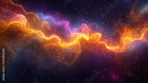 Fantasy 3D rendering of vibrant luminous particles creating a captivating backdrop in the depths of space featuring particle waves against a dark setting photo