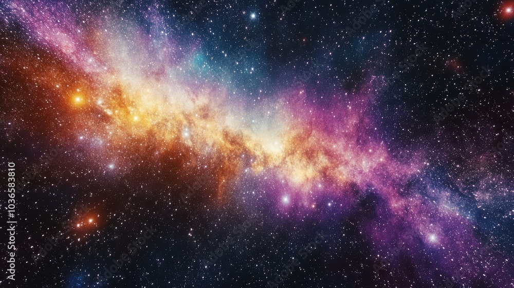 Naklejka premium Colorful cosmos featuring stardust and the Milky Way depicted in 3D cartoon rendering A magical galaxy showcasing an infinite universe and starry night