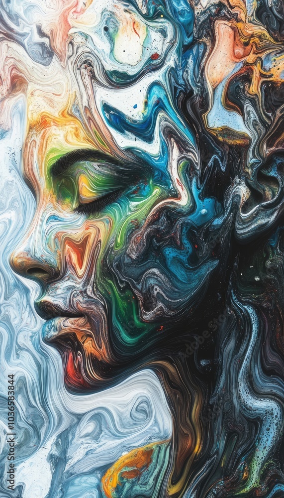 Naklejka premium Surreal portrait with a human figure blending into abstract, swirling colors