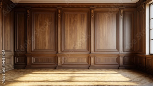 Fototapeta Naklejka Na Ścianę i Meble -  3D rendering of a classic wall featuring vintage brown beech wood panels with joinery in the interior Background view