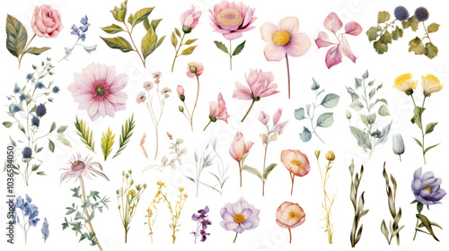 Set of watercolor wildflowers painting isolated on clear png background and transparent background. Fresh and nature concept for nature decorative and flower element, AI generative.